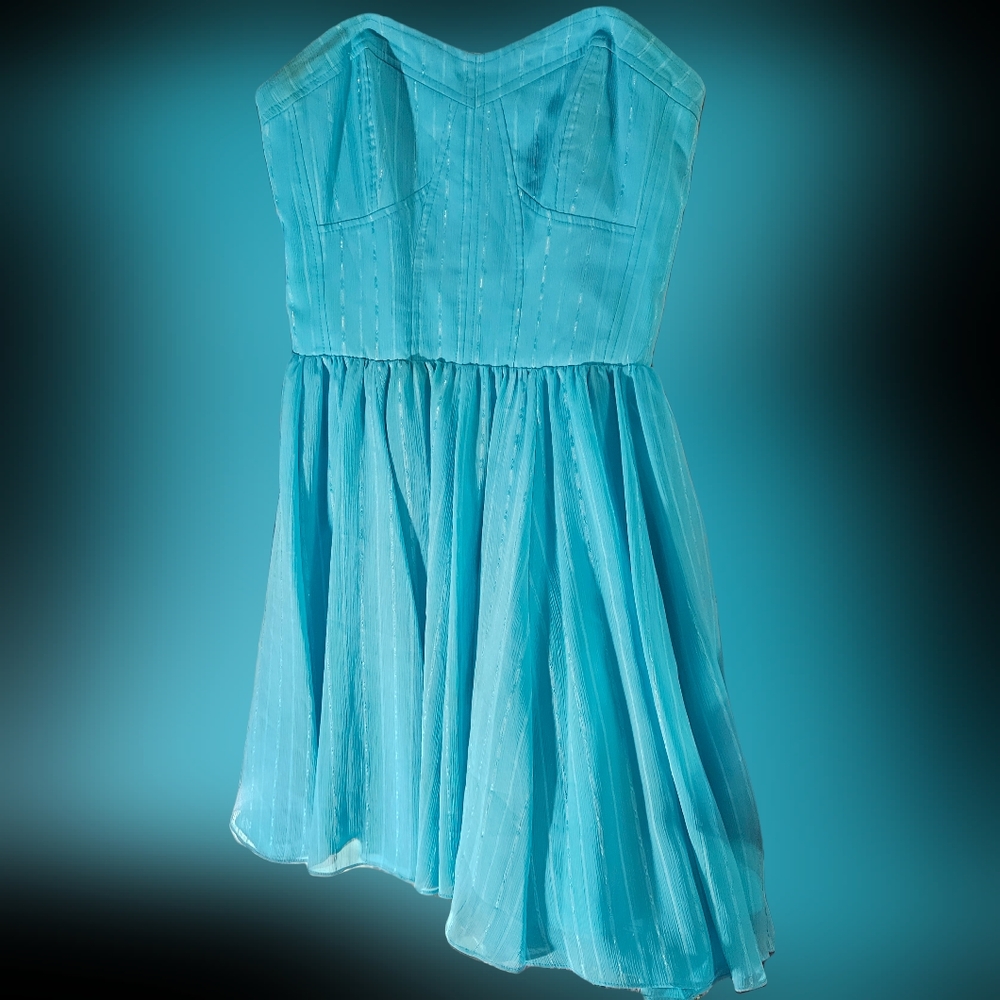 Guess Size 8 Turquoise & Silver Striped Strapless Dress